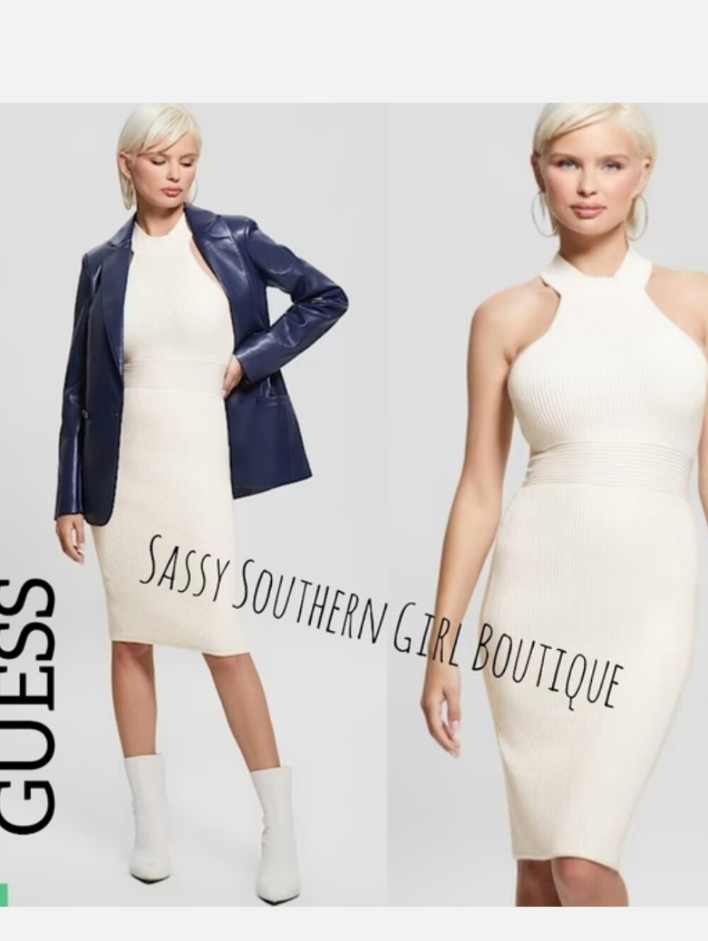 🆕⭐ Guess Bone White Ribbed Halter Midi Dress